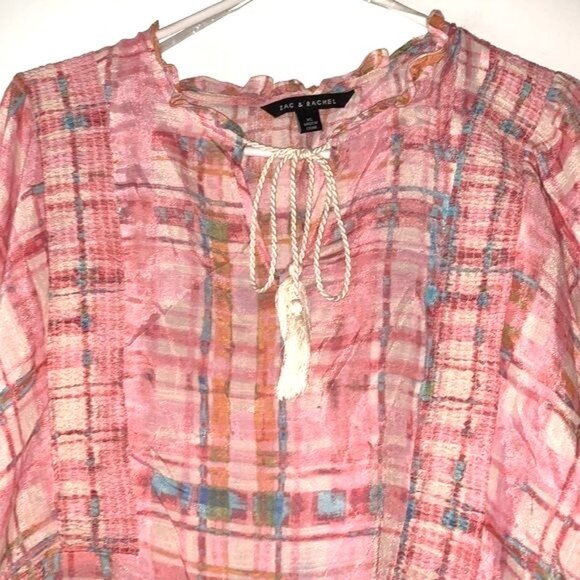 Zac & Rachel Womens Pink Plaid Sheer Peasant Blouse XL - Picture 4 of 11